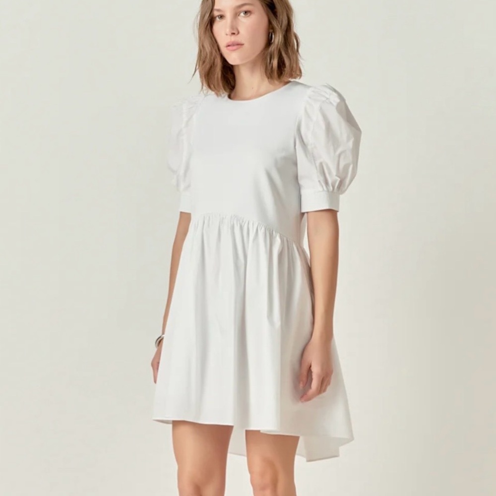 ENGLISH FACTORY PUFF SLEEVE HIGH LOW KNIT COMBO DRESS SIZE SMALL